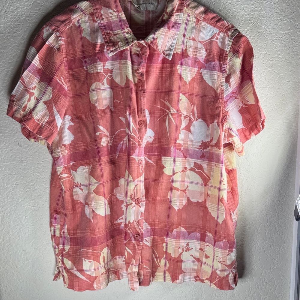 Lemon Grass Womens Pink Orange Plaid Floral Cotton Short Sleeve Button Down L